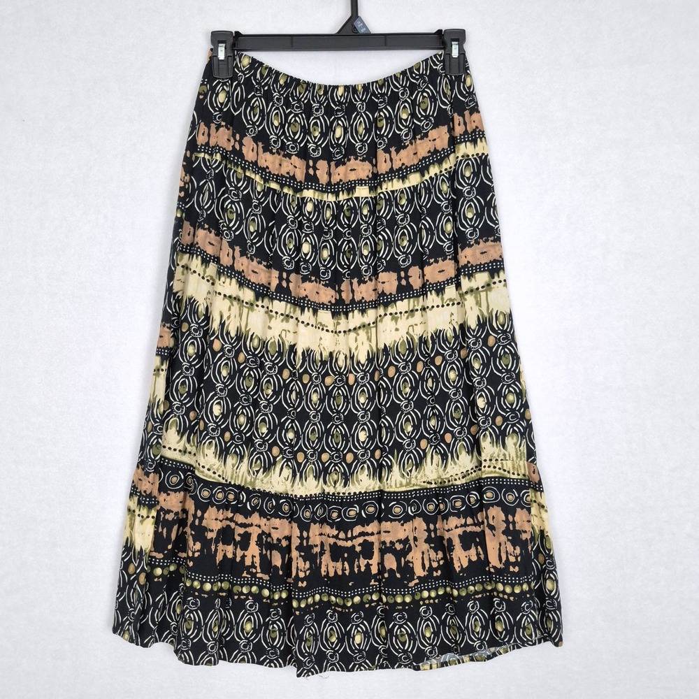 Kim Rogers Petite Large Boho Midi Black Tan Geometric Tribal Rayon Skirt Whimsy